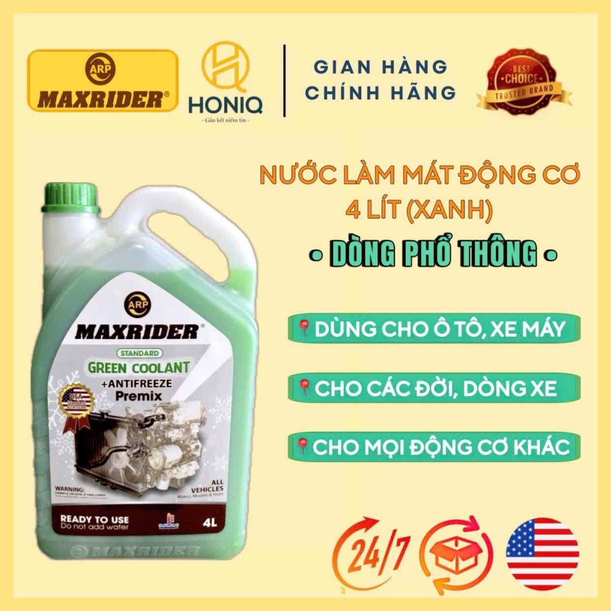 Nước Làm Mát Động Cơ Maxrider 4L – Phổ Thông, Màu Xanh, Giảm Nhiệt, Bảo Vệ Ô Tô & Xe Máy