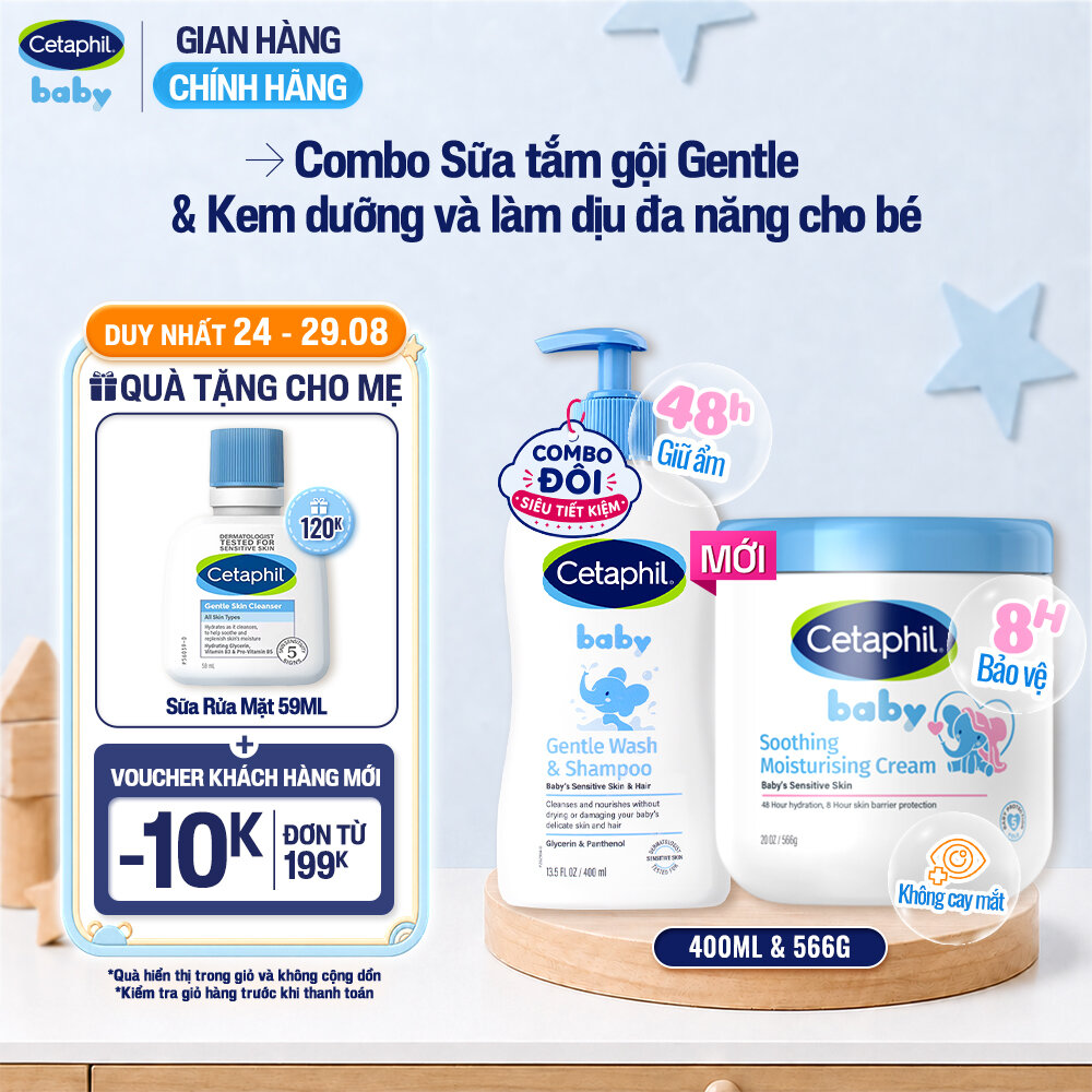 Combo Sữa tắm gội dịu lành cho bé CETAPHIL BABY GENTLE WASH  SHAMPOO 400ML  Kem làm dịu và dưỡng ẩm cho bé Cetaphil Baby Soothing  Moisturising Cream hũ 566g
