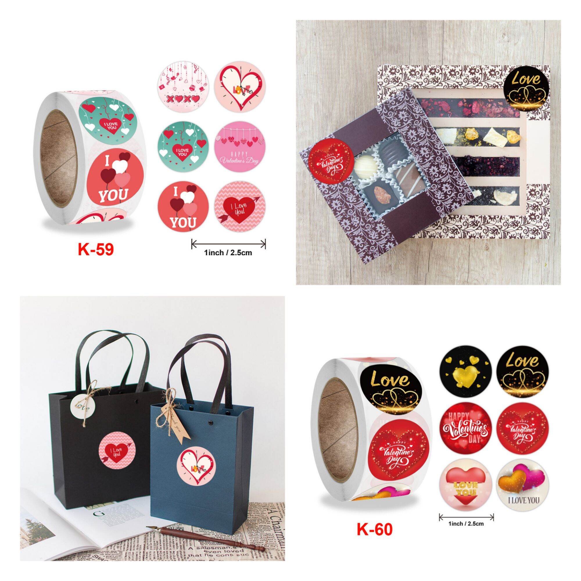 Cuộn 500 tem Sticker Valentine in màu tự dính 2.5cm