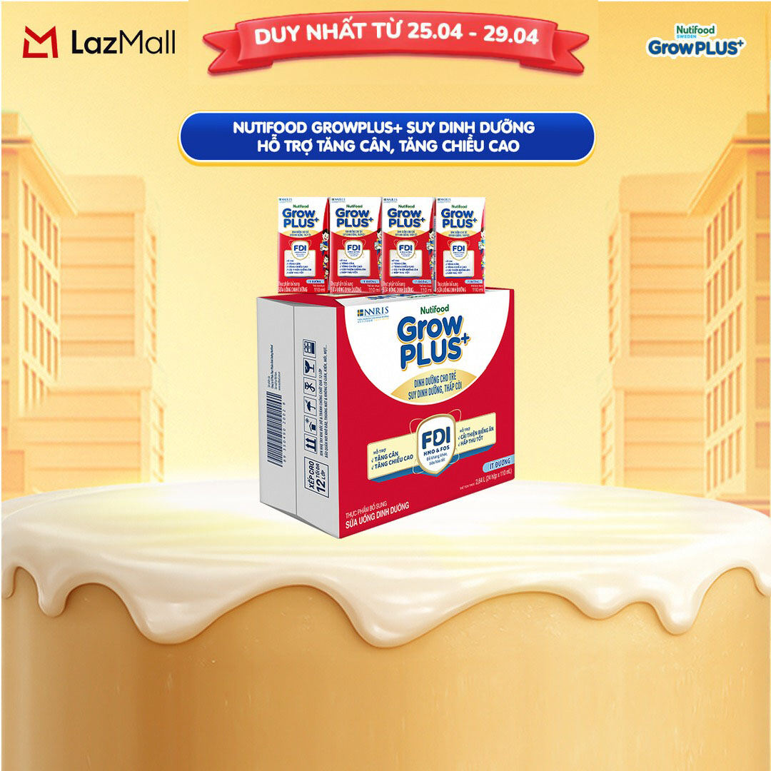 Thùng 24 hộp Sữa Nước Pha Sẵn Nutifood GrowPLUS+ Suy Dinh Dưỡng (Đỏ) - Hỗ Trợ Tăng Cân, Tăng Chiều Cao Ít đường 110ml - Trên 1 tuổi (Bao bì tùy đợt nhập hàng)