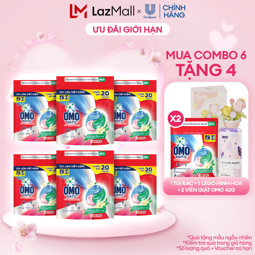 Combo 6/10 túi viên giặt tiện lợi OMO 3 trong 1 (30-50 viên/túi) (bao bì tùy lô nhập hàng)