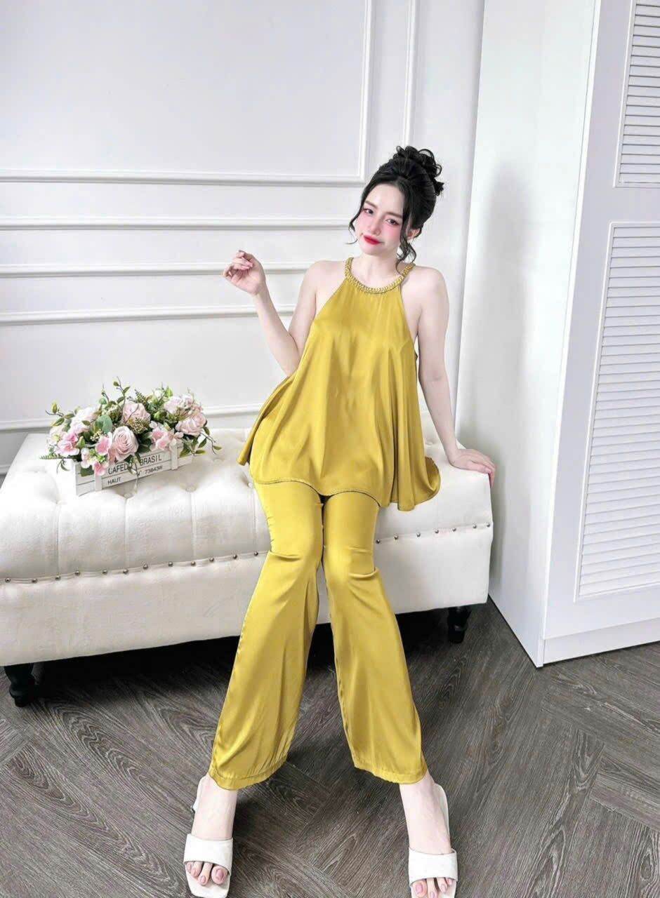 đồ ngủ mặc nhà chất latin áo yếm quần dài  áo có cài nút ở sau áo mặc nhà cực xinh