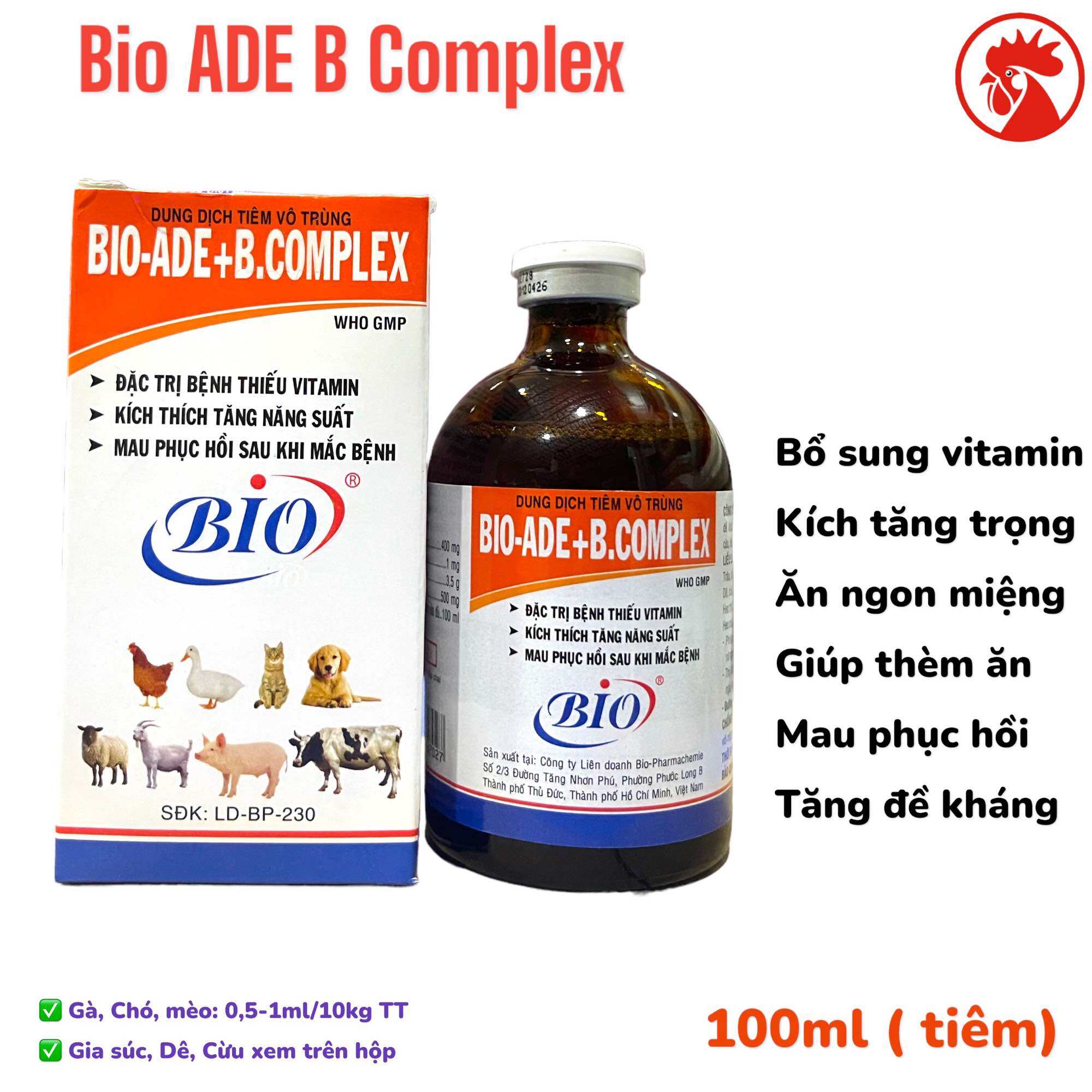 Bio ADE BCOMPLEX 100ml [HSD 2026] cung cấp vitamin, kích thích tăng năng suất, mau hồi phục sau mắc bệnh, kích thích thèm ăn, chậm lớn cho vật nuôi gia súc, gia cầm, chó và mèo