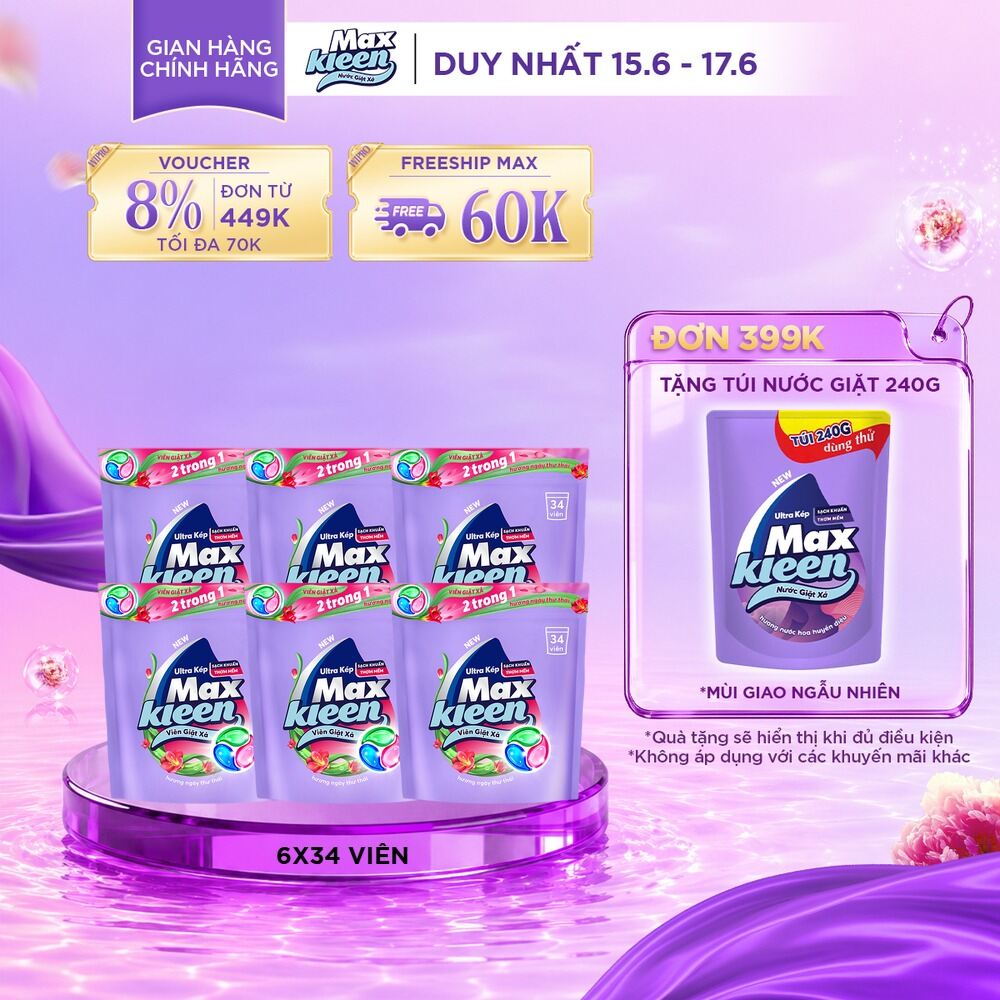 Combo 6 Túi viên giặt xả MaxKleen hương Nước Hoa Huyền Diệu (34 viên/ túi)