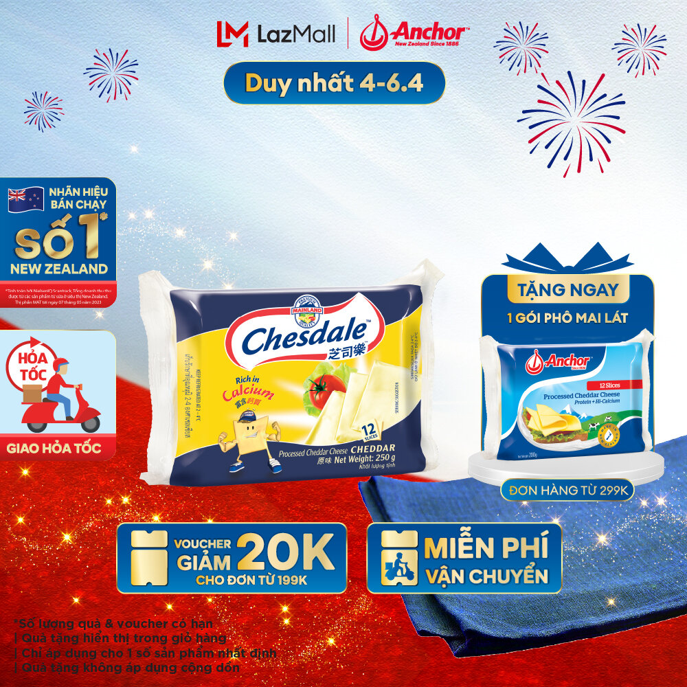 [GIAO HÀNG HỎA TỐC - HCM] Phô Mai Chesdale Cheddar Lát Vị Sữa 250G (12 Miếng)
