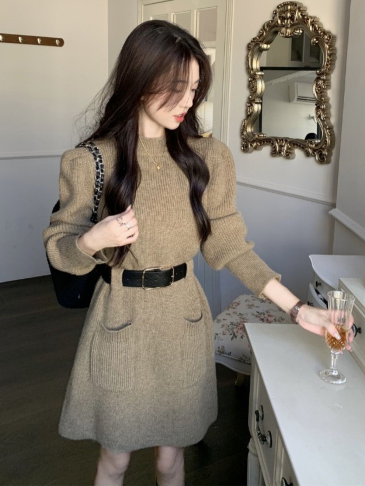 Váy Dệt Kim Tay Bồng Ôm Eo Cho Nữ Mùa Thu Đông Dài Đến Mắt Cá Chân Váy Ngắn Kiểu Dáng Chữ a Chất Liệu Acrylic