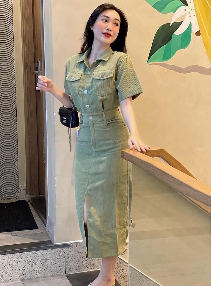 Váy nhung tăm sê trước cúc đồng