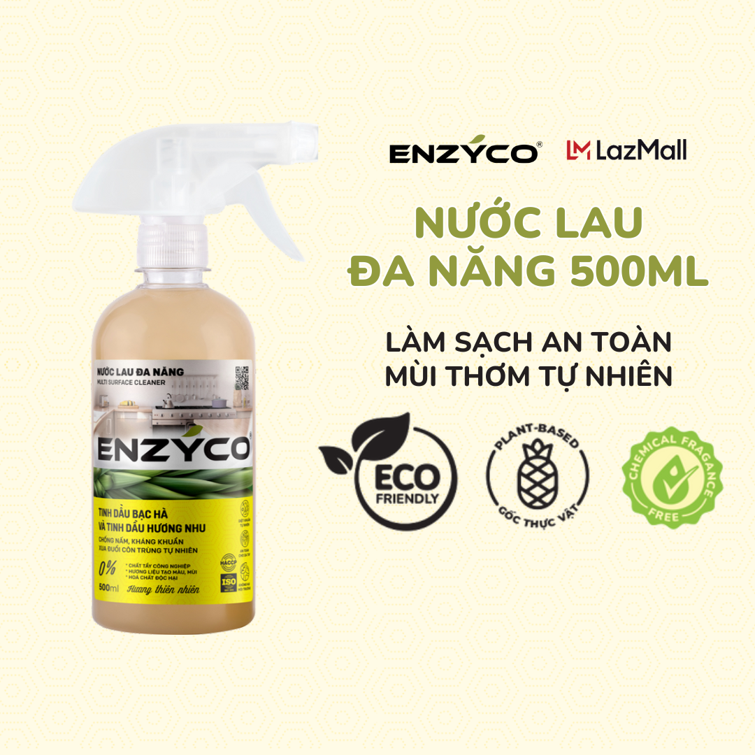 Nước lau đa năng sinh học ENZYCO dạng xịt chai - Enzyme từ dứa làm sạch, kháng khuẩn, xua đuổi côn trùng - Tinh dầu hương nhu và bạc hà