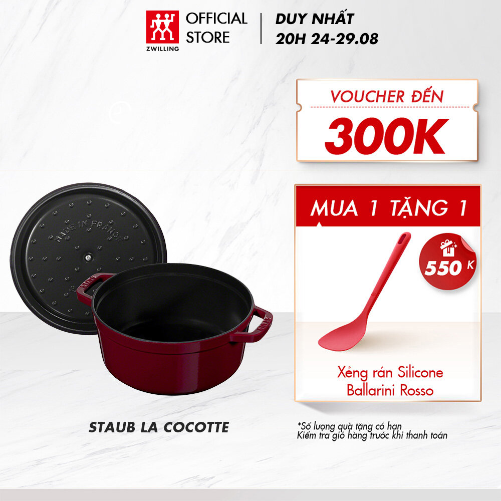 Nồi tròn gang tráng men STAUB LA COCOTTE màu đỏ rượu vang Bordeaux - nhiều size , tròn cổ điển, Không kép bếp