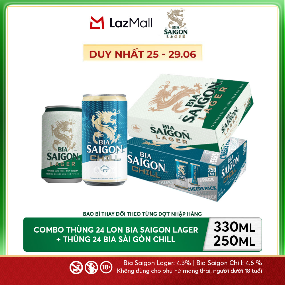 Nồng Độ Cồn 4.3% - Combo 1 Bia Saigon Lager 330ml + Nồng Độ Cồn 4.6% - 1 Bia Sài Gòn Chill 24 Lon 250ml