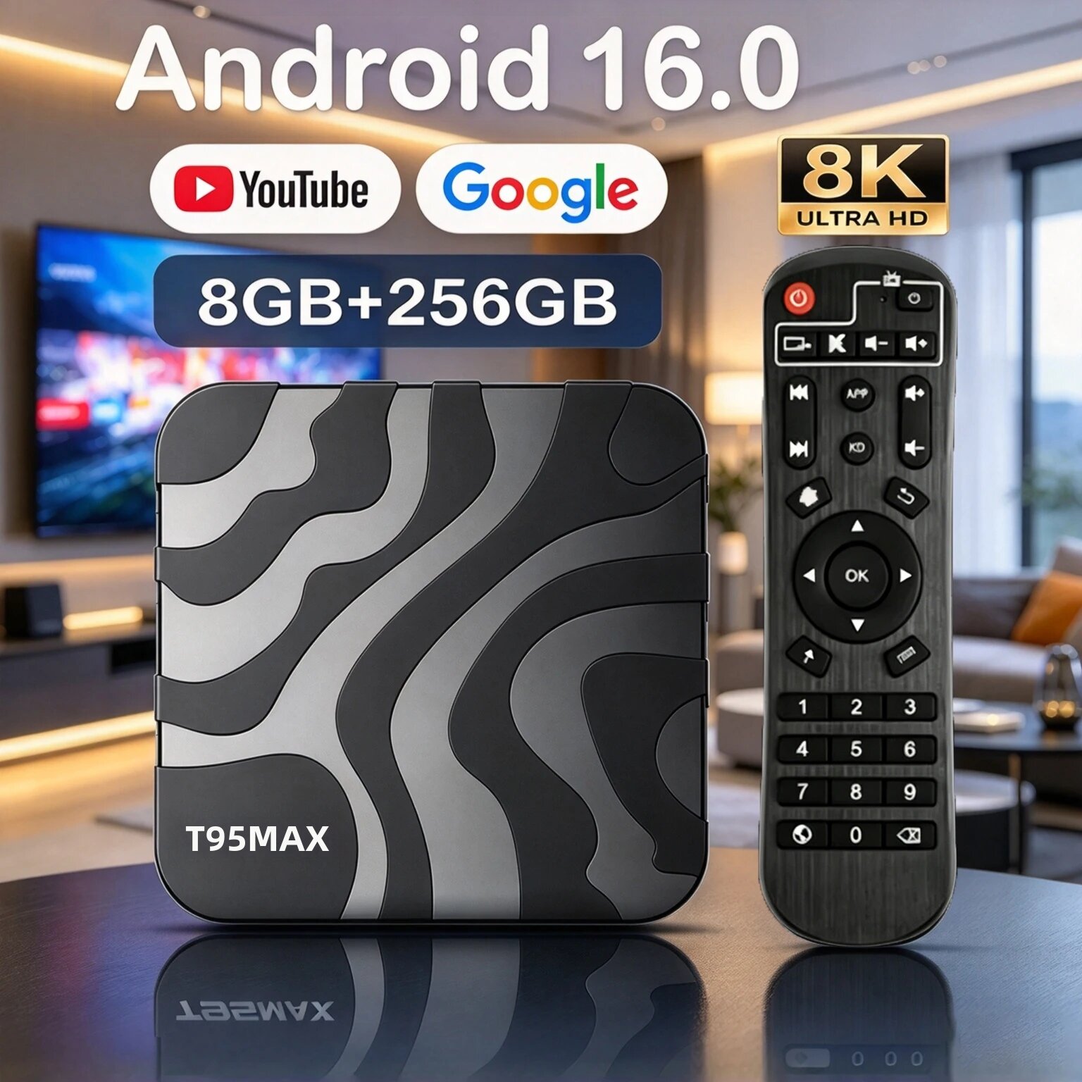 Hộp Giải Mã Truyền Hình Thông Minh Android 16 T95Max 8GB 256GB 8K Ultra 4K Với Google Assistant, Bluetooth 6.0, Wifi Kép 5G/6, Google Cast, HDMI 2.0