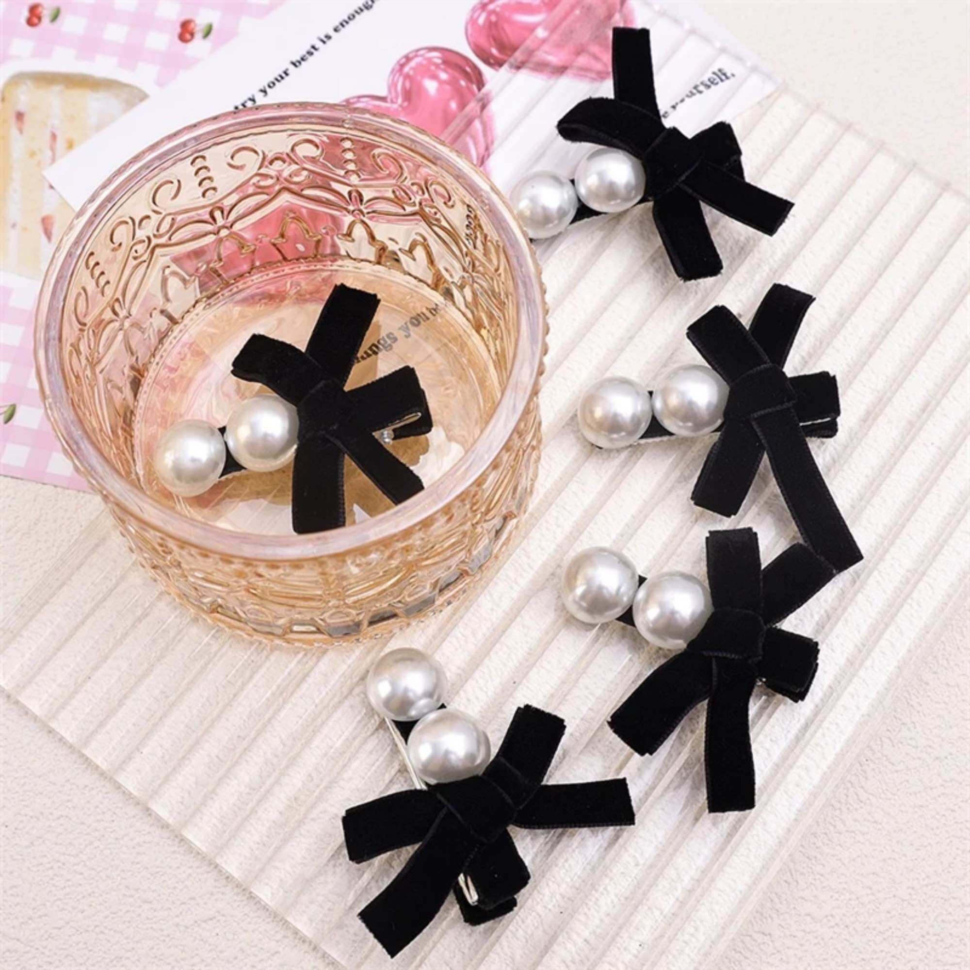 Velvet Bow Hair Clip with Beads for Women