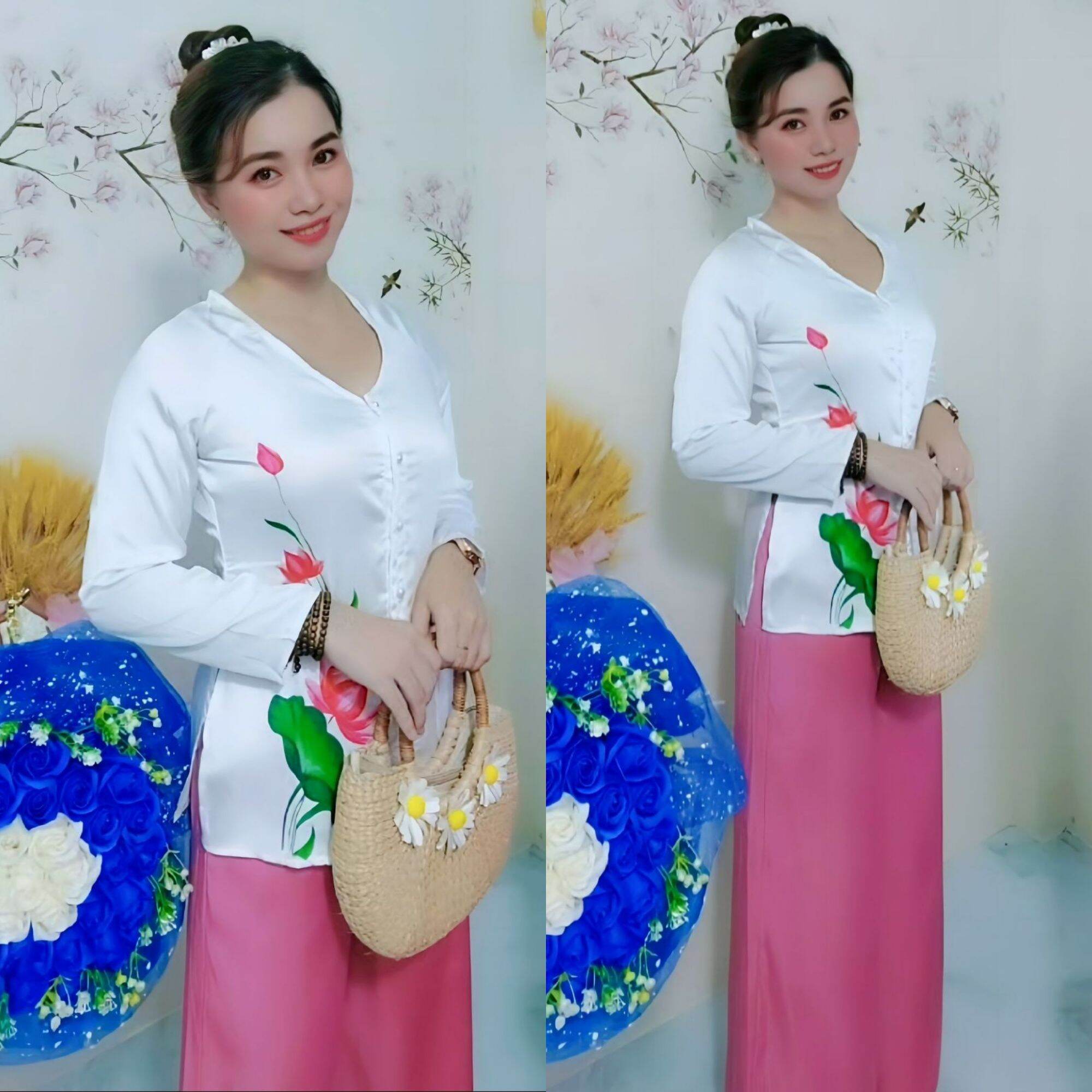 Bộ bà ba hoa sen lụa ngọc trai, phối quần lụa tằm cao cấp phom 42-58kg