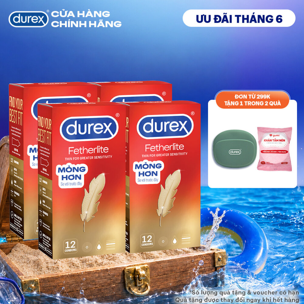 Bộ 4 Hộp Bao cao su Durex Fetherlite siêu mỏng, size 52.5mm, 12 bao/hộp