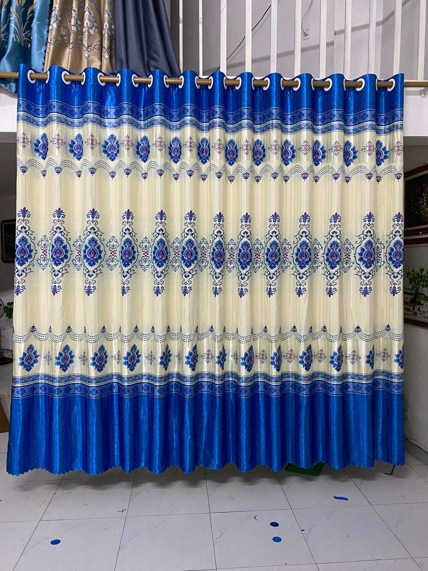 Rèm cửa chính, cửa sổ, hoa xanh 2 mặt, vải bóng, dày dặn!