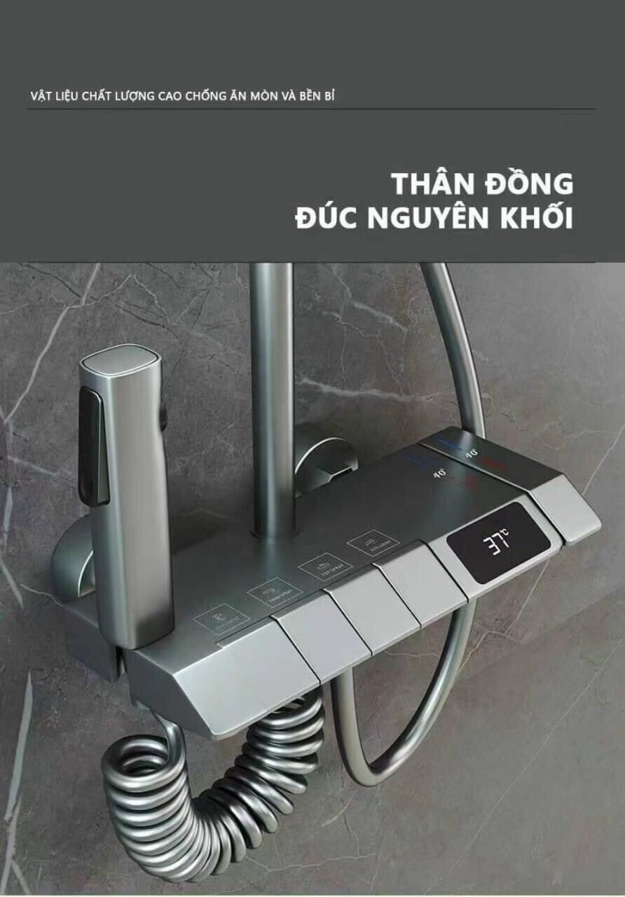Bộ sen cây tắm đứng hiển thị nhiệt độ, Bộ sen vòi nóng lạnh, Sen phím đàn thác nước phủ nano xám hiển thị nhiệt độ