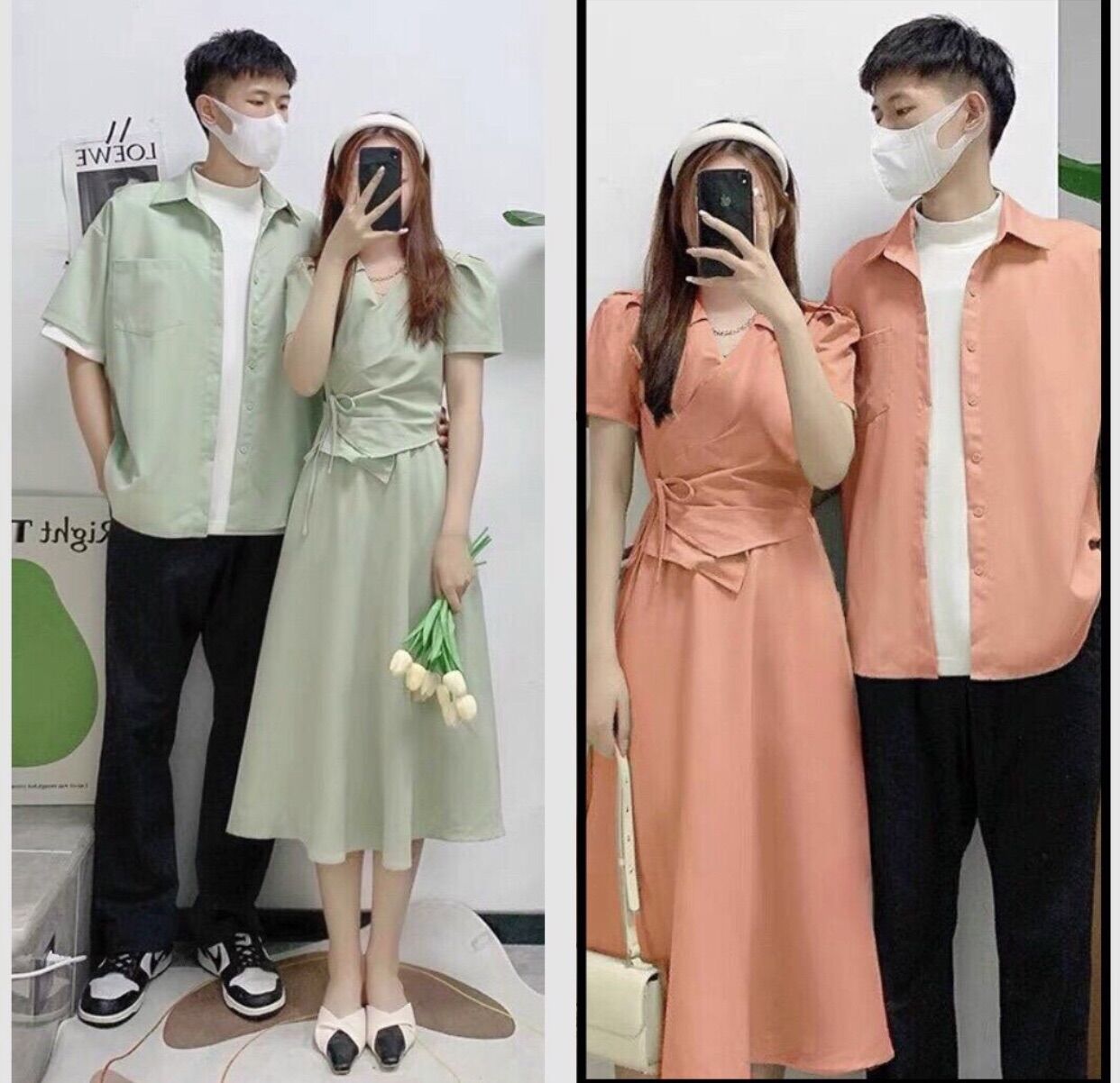 Áo váy đôi xẻ tà màu trơn xanh ngọc và hồng