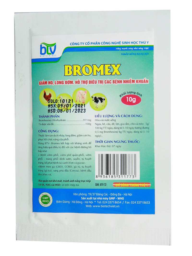 BTV BROMEX 10g hen khẹc giảm ho long đờm giảm thanh khí quản gà, vịt, lợn con, cừu, bê nghé