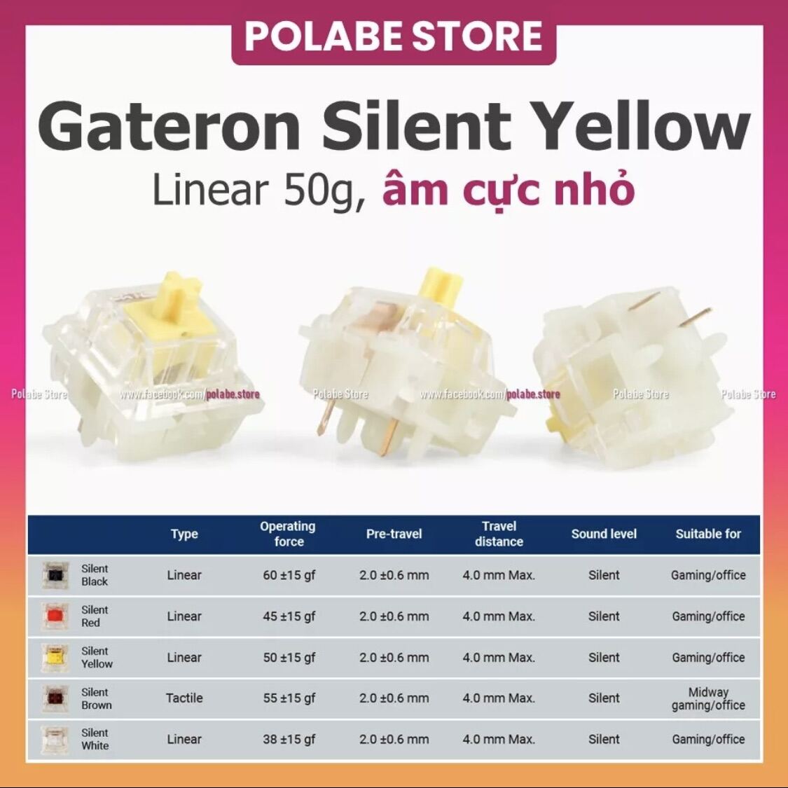 Gateron Silent Yellow linear switch bàn phím cơ Silent Red Gat Silent White Silent Black Silent Brown tactile switch - Polabe Store