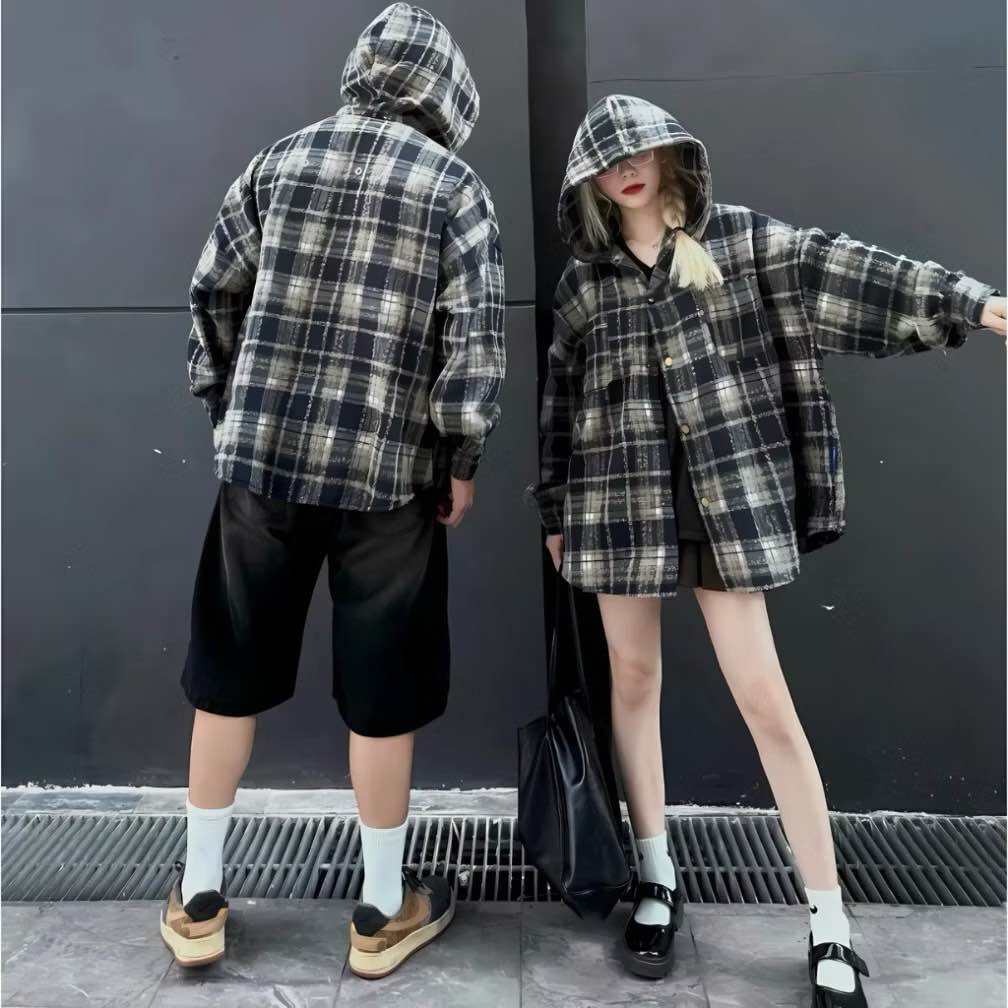 Áo Khoác Ngoài Caro Nam Và Nữ Tay Dài Caro Có Nón Form Rộng Chất Vải Dạ Kẻ Sọc Dày dặn Thoáng Mát Unisex