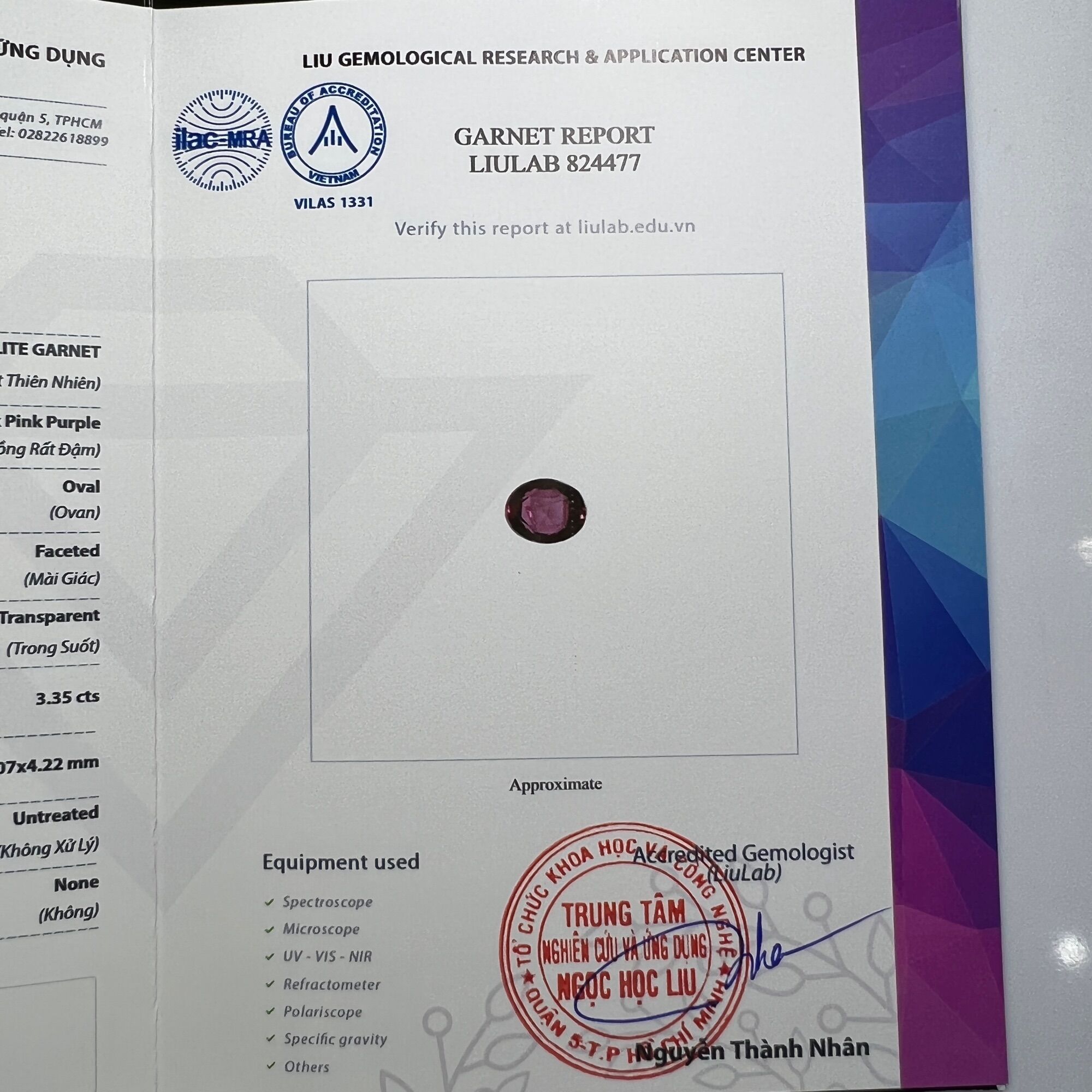 824477-ĐÁ GARNET  TÍM ,HỒNG ( THIÊN NHIÊN ) ĐÃ KIỂM ĐỊNH LIULAB