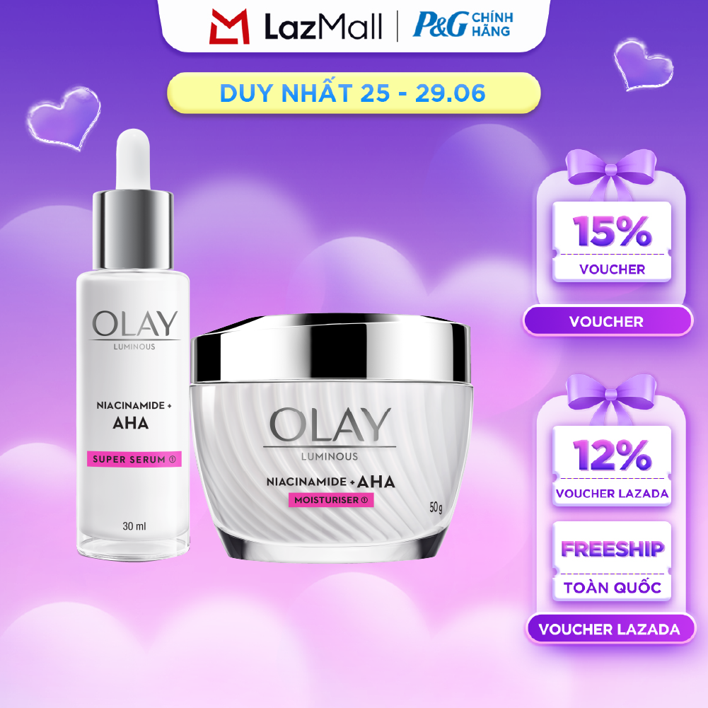 Combo Kem Dưỡng Ban Ngày OLAY LUMINOUS NIACINAMIDE AHA Dưỡng Ẩm Sáng Da, Mờ Thâm Mụn Hũ 50G + Serum OLAY LUMINOUS NIACINAMIDE AHA Dưỡng Ẩm Sáng Da, Mờ Thâm Mụn Chai 30ML