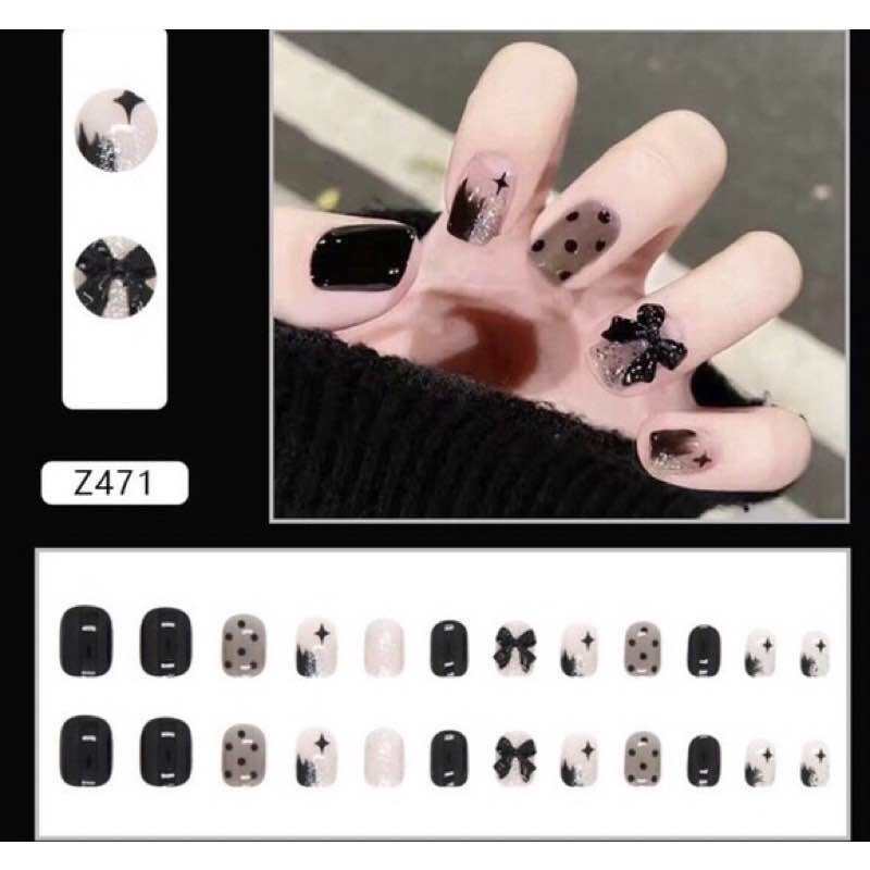 Bộ 24 móng tay giả sang trọng đính nơ đá ❤️TẶNG 4 món phụ kiện dán❤️