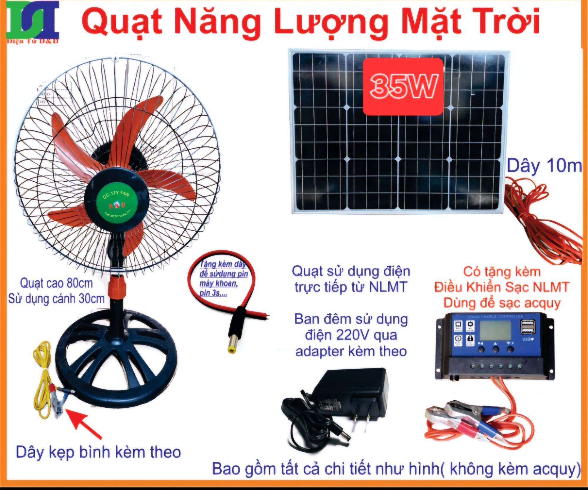[HCM]Quạt Năng Lượng. Pin NLMT 35W+Quạt 12V+Adapter sử dụng 220V. Tặng Điều Khiển Sạc NLMT.