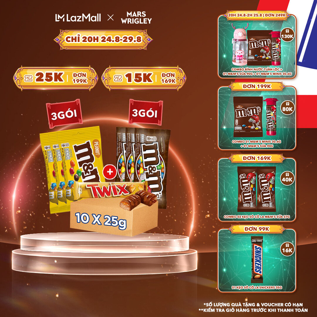 Combo kẹo sô cô la m&m's sữa 37g, m&m's đậu phộng 37g, snickers 35g, twix 25g