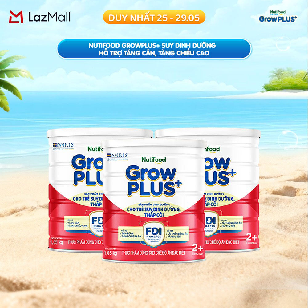 Combo 3 Sữa bột Nutifood GrowPLUS+ Suy Dinh Dưỡng (Đỏ) 2+ - Hỗ trợ tăng cân, tăng chiều cao (3 Lon 1,65 Kg)