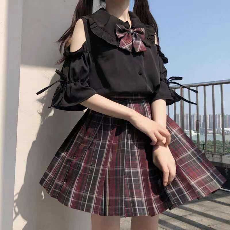 Áo Sơ Mi Cộc Tay Hở Vai Tay Loe Phối Trong Lolita Đồng Phục JK Cổ Búp Bê Học Viện Thiếu Nữ Kiểu Nhật Áo Nữ Mùa Hè