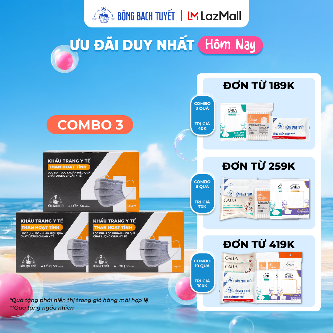 Combo 3 Hộp Khẩu trang Bông Bạch Tuyết than hoạt tính 4 lớp (50 cái/hộp)