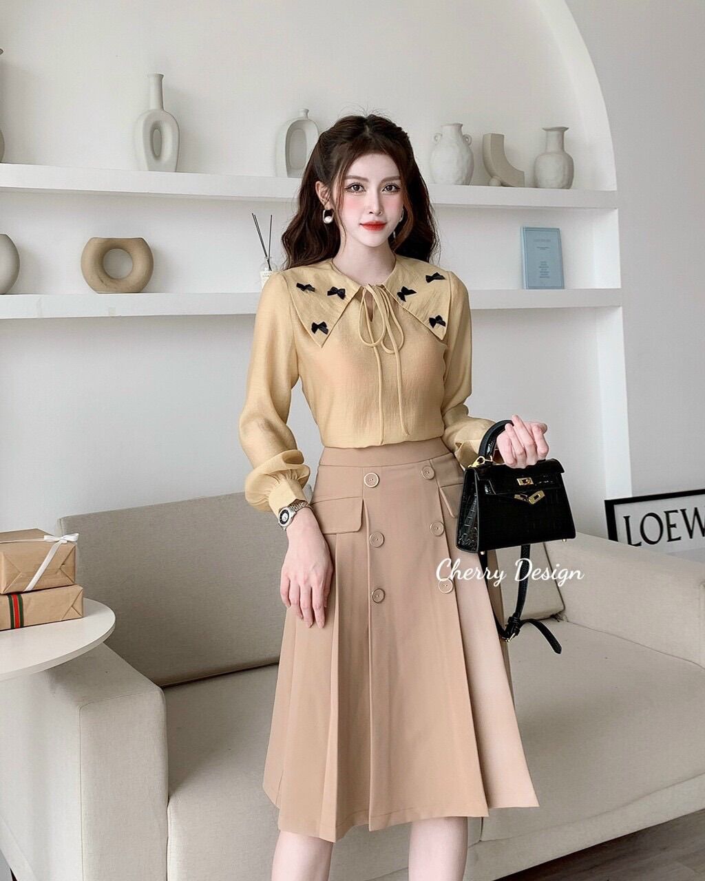 Áo kiểu nữ vải tơ cổ sen nơ đẹp