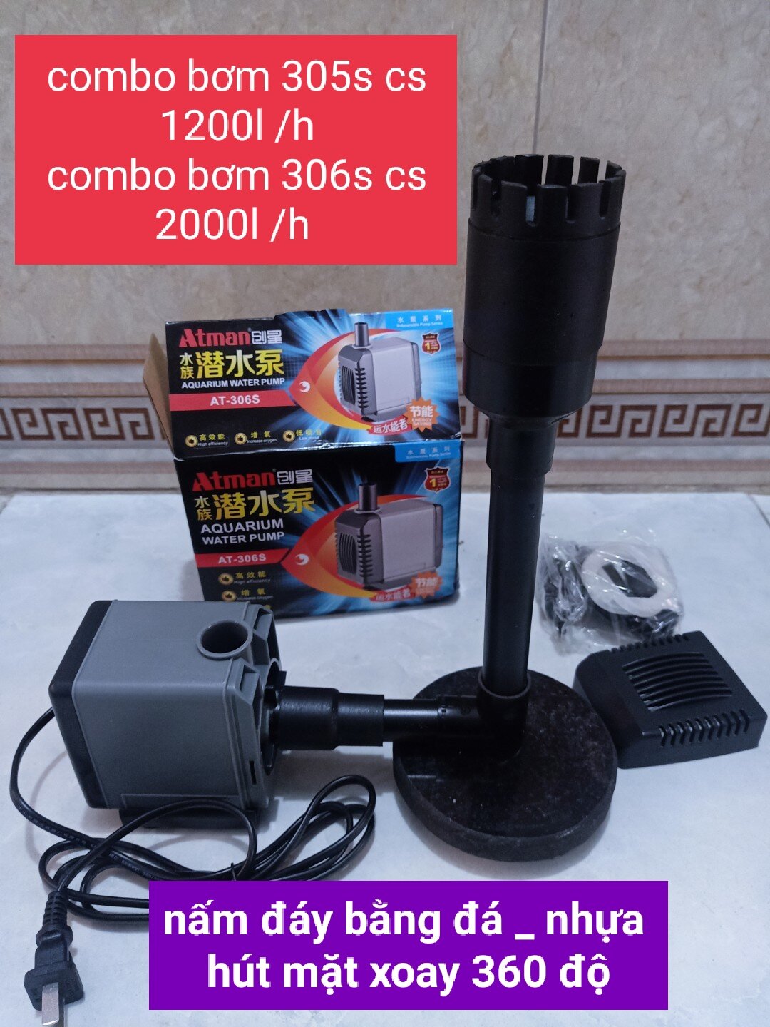 combo hút mặt hút đáy + bơm atman 306s 2000l/h 27w