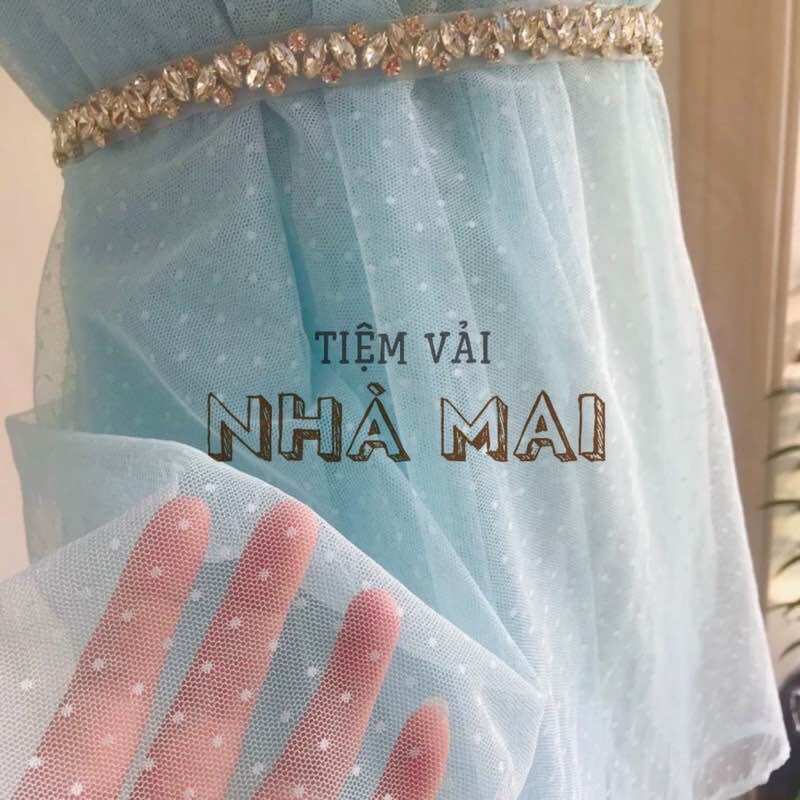 1m vải lưới thun mềm chấm bi xanh co giãn 4 chiều