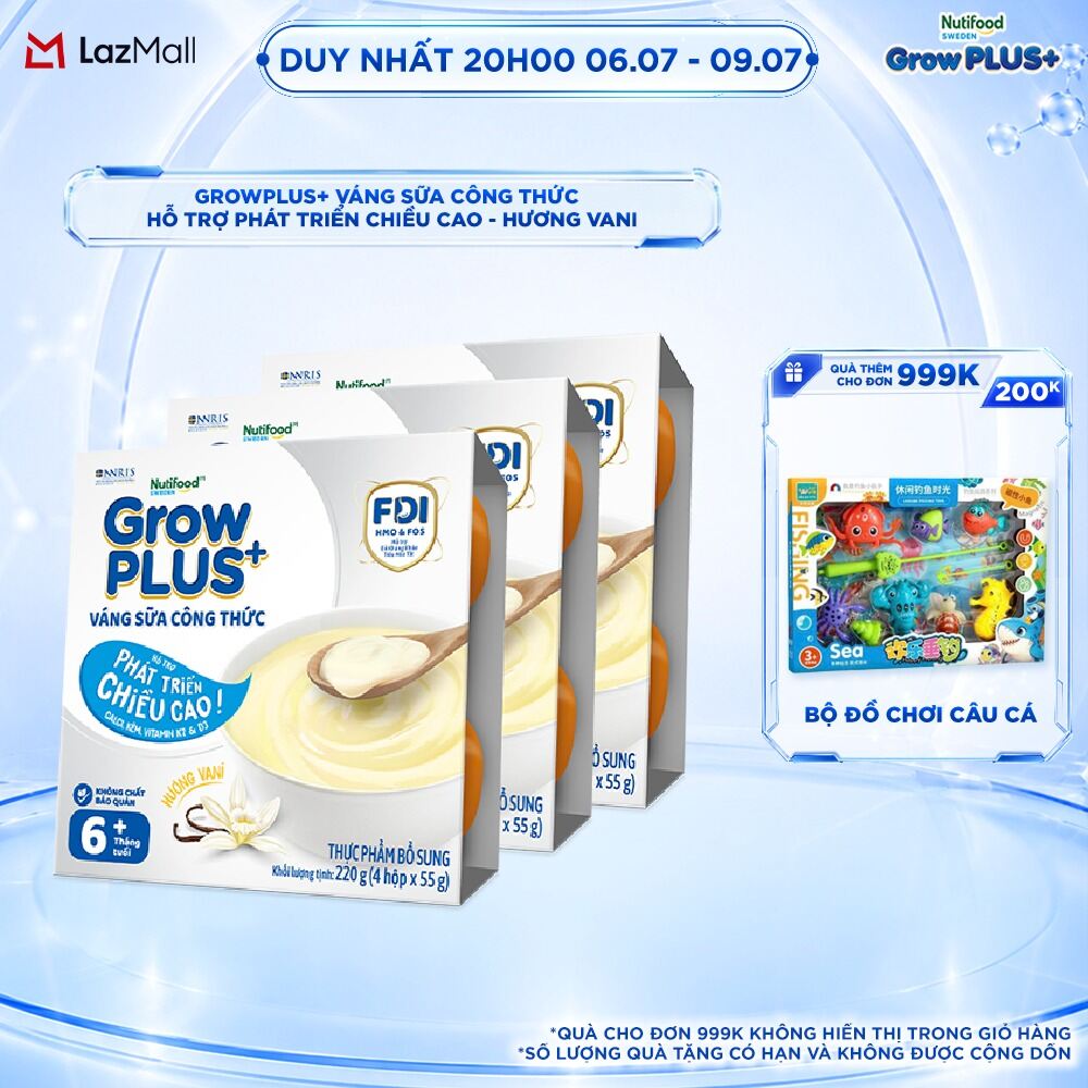 Combo 3 lốc GrowPLUS+ Váng sữa công thức - Hỗ trợ phát triển chiều cao hương Vani & vị Socola (55g x 12 hộp)