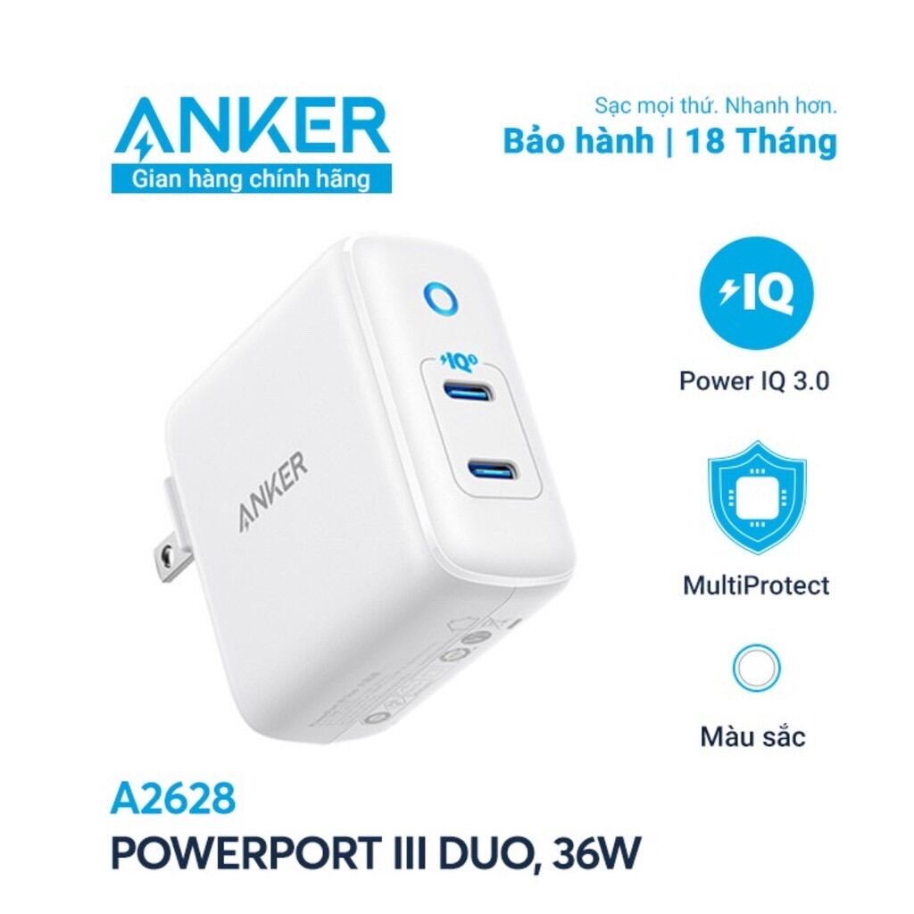 Sạc Anker PowerPort III Duo 36W 2 cổng PIQ 3.0 - A2628 Chính hãng bảo hành 18 tháng lỗi 1 đổi 1