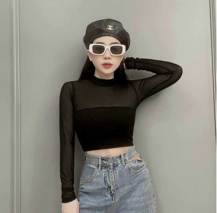 Áo thun cổ tròn cao ôm croptop tay dài phối lưới sexy