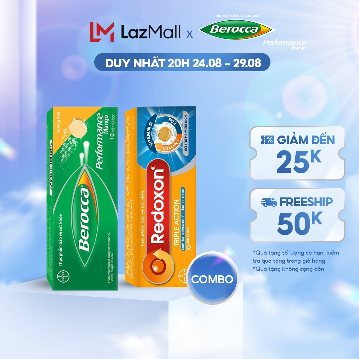 Combo Viên sủi bổ sung Vitamin C, D, và Kẽm Redoxon Triple Action 10 viên & Viên sủi bổ sung Vitamin Berocca Performance Mango 10 Viên