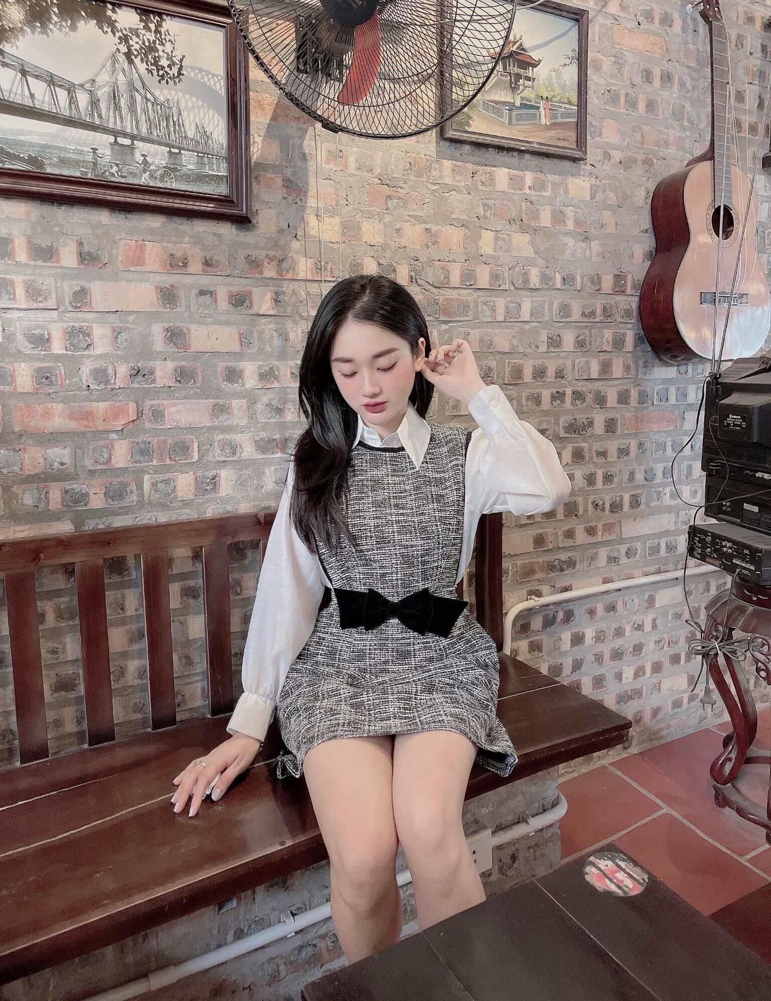 Váy dạ phối sơ mi tơ mix nơ eo hack dáng