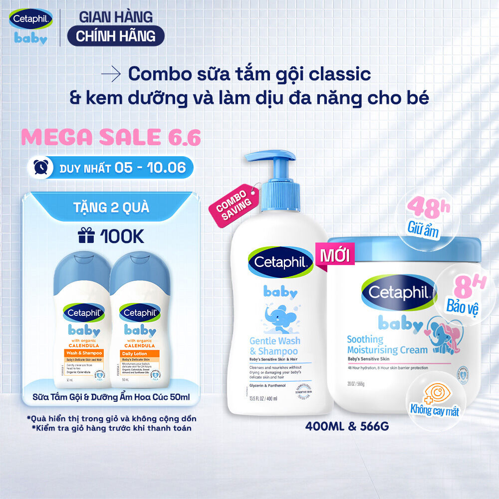 Combo Sữa tắm gội dịu lành cho bé CETAPHIL BABY GENTLE WASH  SHAMPOO 400ML  Kem làm dịu và dưỡng ẩm cho bé Cetaphil Baby Soothing  Moisturising Cream hũ 566g