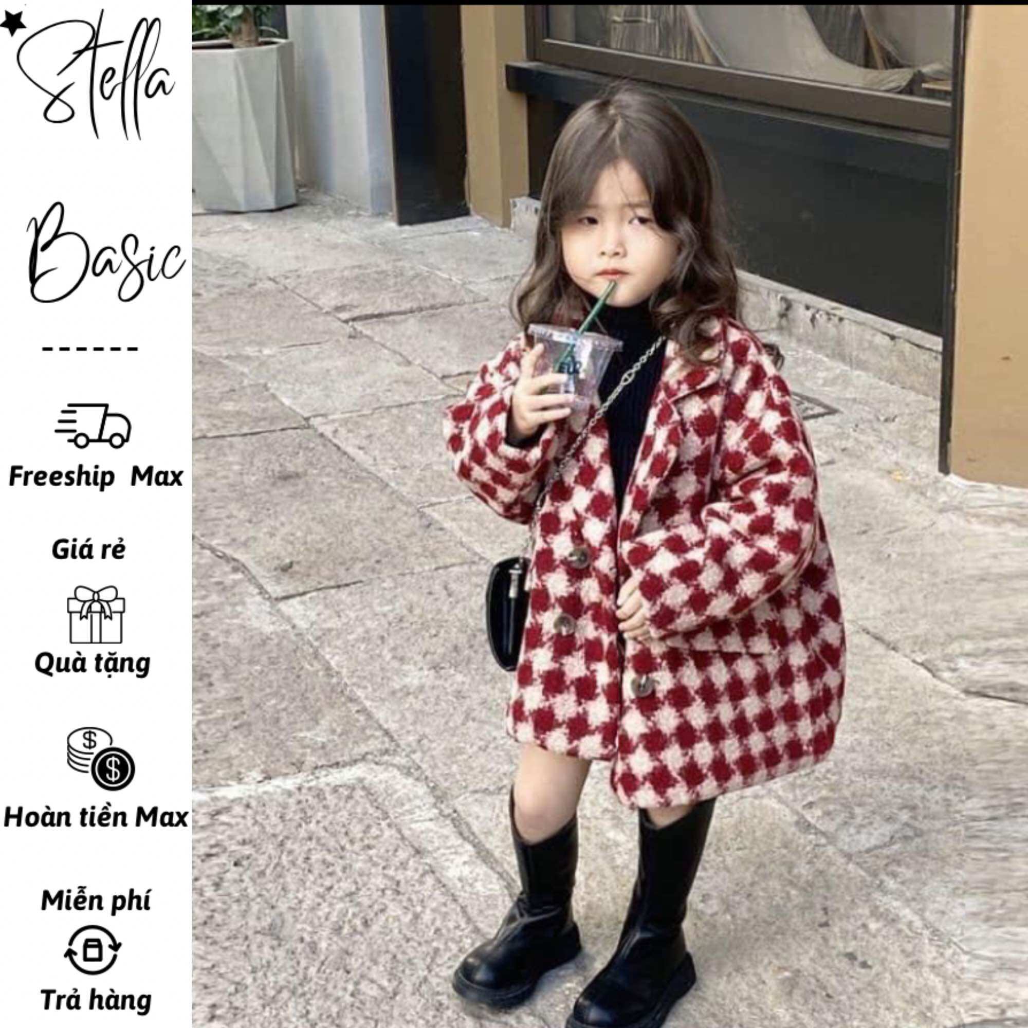 Áo dạ đỏ bé gái siêu đẹp, Áo dạ tweed bé gái chất xịn, Áo khoác dạ đỏ thời thượng