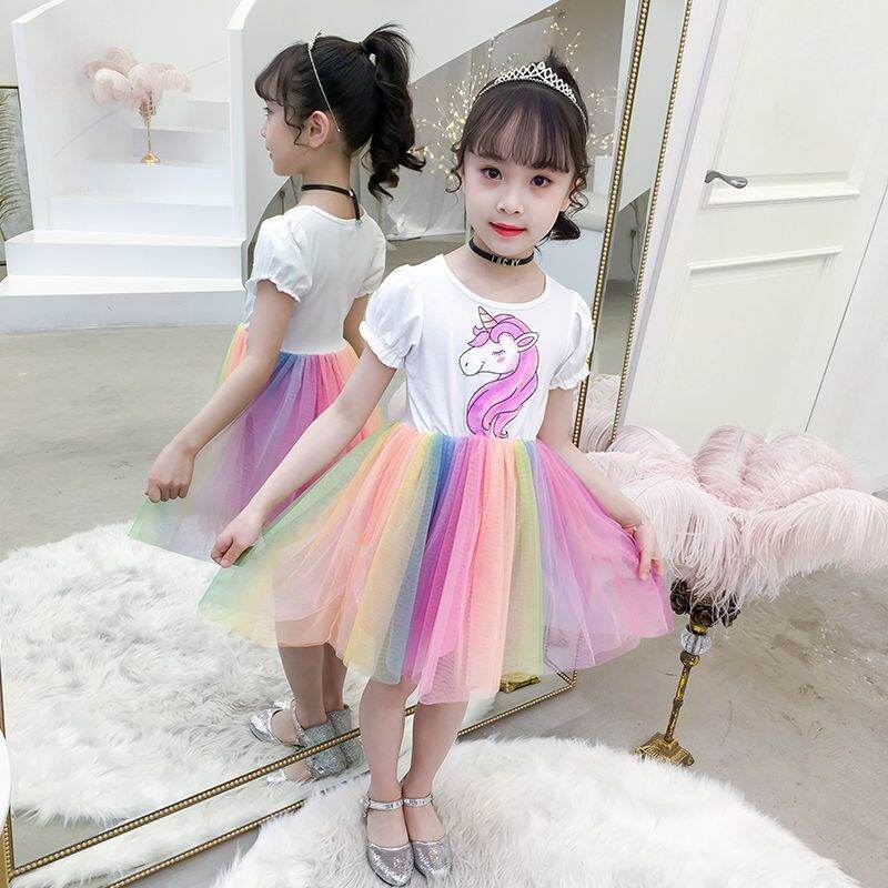 Váy Liền Bé Gái 2023lj Váy Trẻ Em Mùa Hè Bé Gái Em Bé Ba Tuổi Tay Ngắn Lưới Cầu Vồng