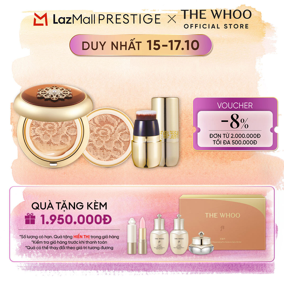 [THE WHOO OFFICIAL] [Tặng kèm 1 lõi 15g] Phấn nước trang điểm chống nắng, dưỡng trắng chống lão hóa Cheon Gi Dan Essence Cushion SPF50+/PA+++