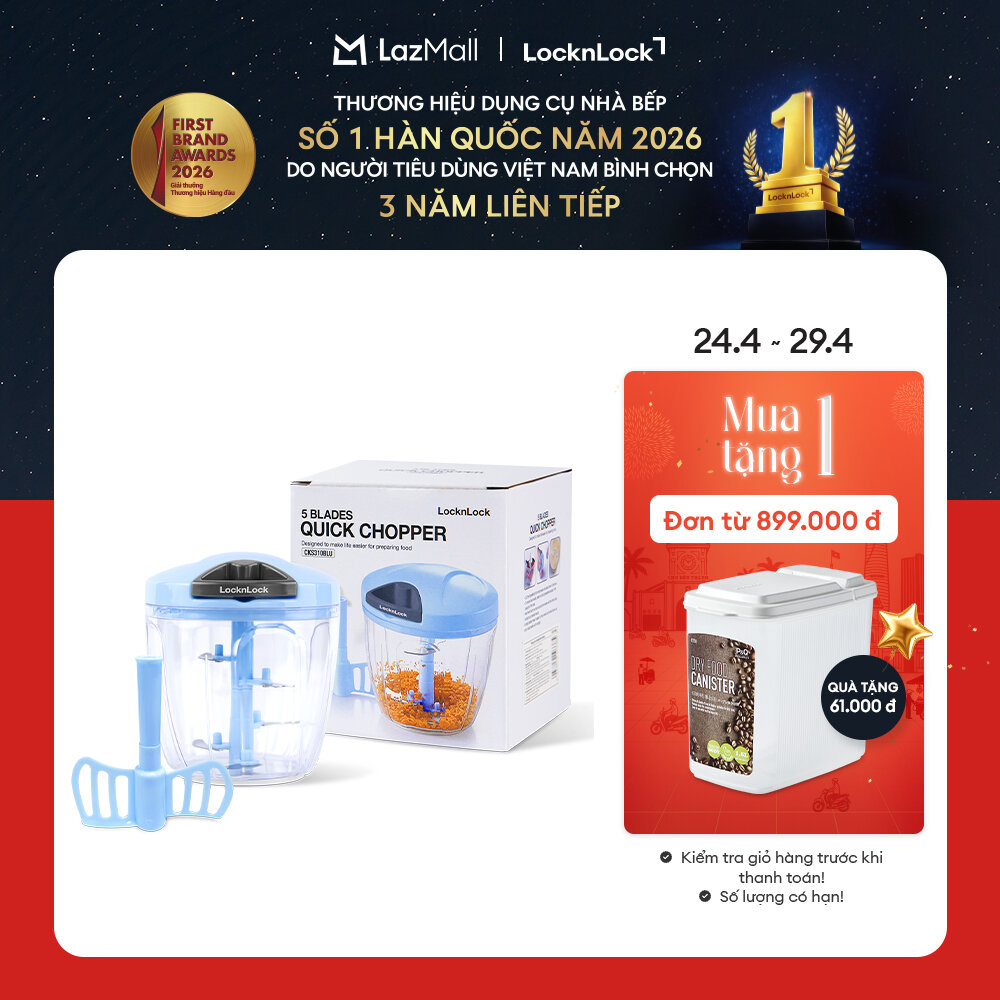 Dụng cụ băm rau củ/tỏi ớt bằng tay LockLock CKS310BLU - Size L 900ml - Màu Xanh - 3 lưỡi dao thép không gỉ - Giới hạn 5 sản phẩm/khách hàng