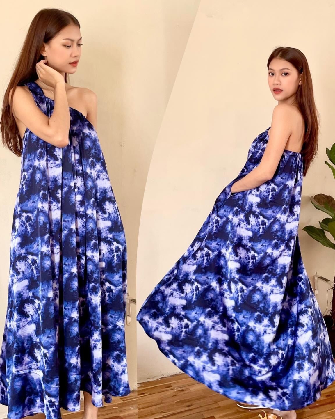 Đầm maxi lụa lệch vai hoa văn Infashion