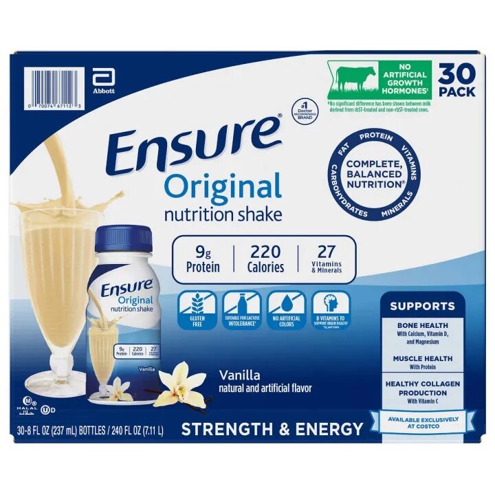 Sữa nước hương vani Ensure Original Nutritional Shake Vanilla của Abbott Mỹ mỗi chai 237ml thùng 16 chai, 24 chai và 30ml chai
