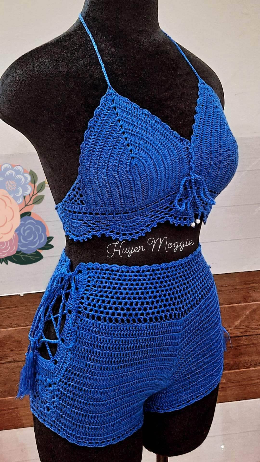 Set áo và quần sợi móc đan dây