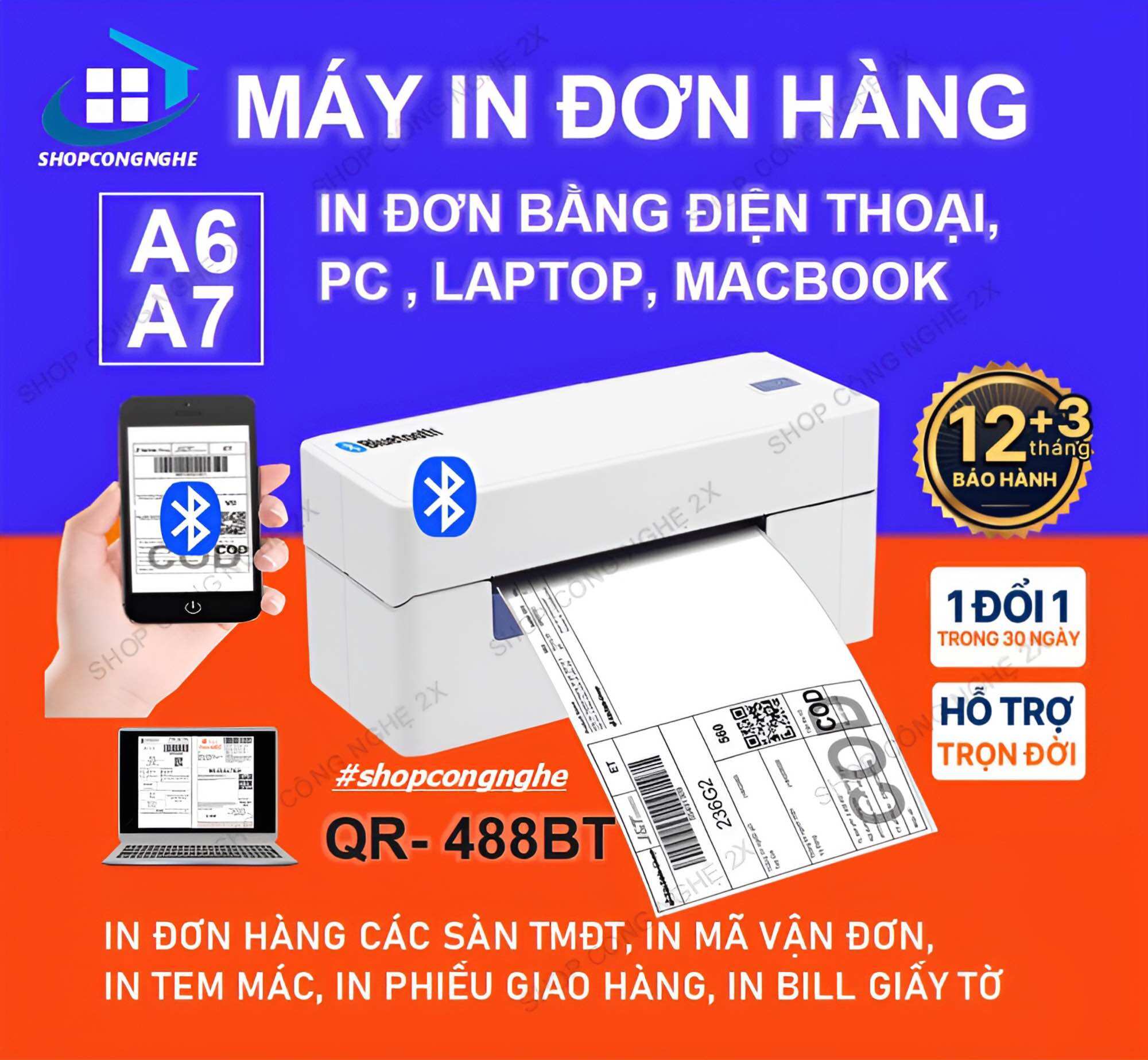 Máy in nhiệt bluetooth qr-488bt a6, a7 in đơn hàng tiktok, lazada, shoppe bằng điện thoại, máy tính các sàn tmđt, tem, nhãn, mã vạch. bh 12 tháng