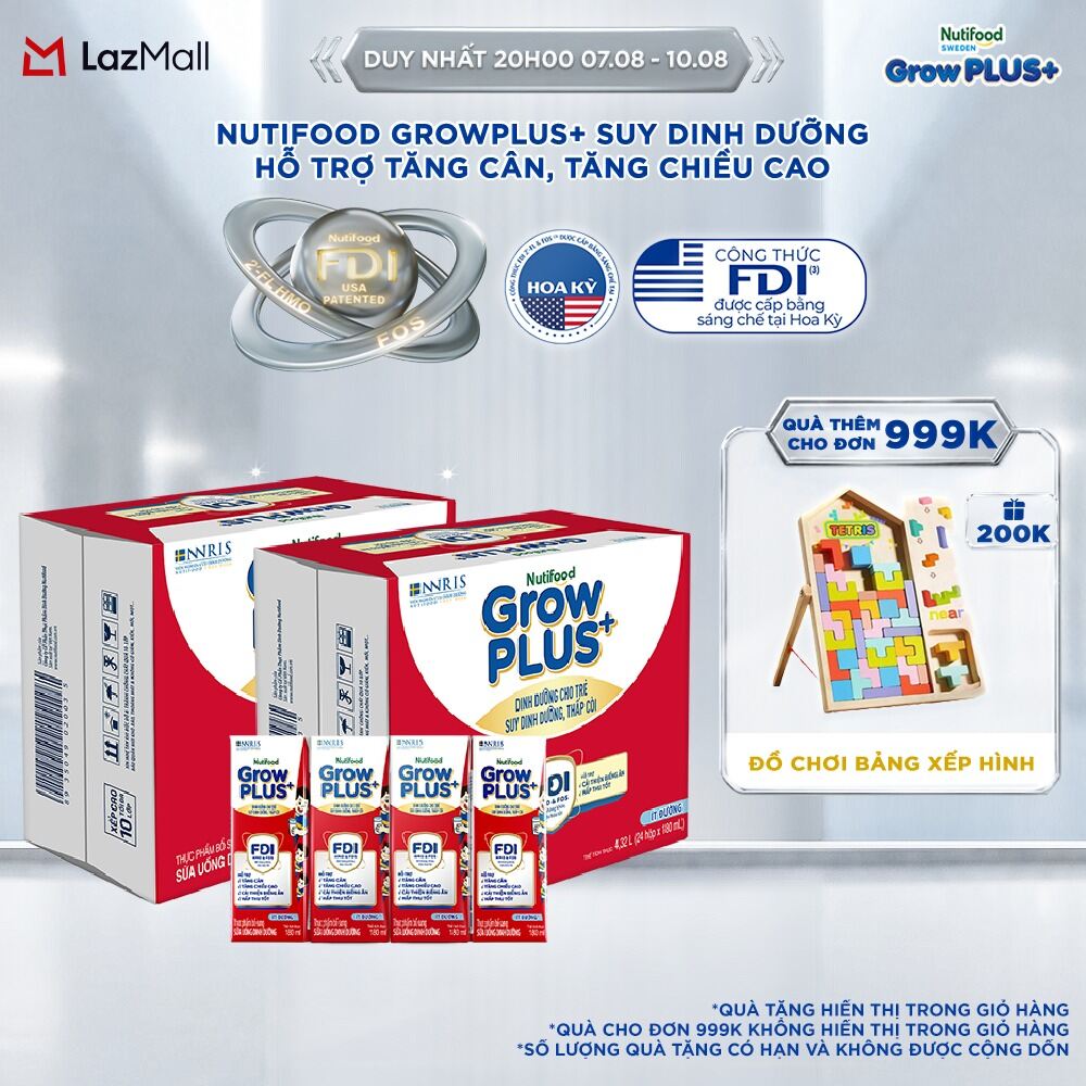 Thùng 48 hộp Sữa Nước Nutifood GrowPLUS+ Suy Dinh Dưỡng (Đỏ) - Hỗ trợ tăng cân tăng chiều cao Ít đường 180ml - Trên 1 tuổi (Bao bì tùy đợt nhập hàng)